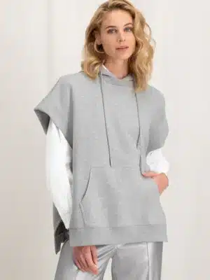 sleeveless hoodie with pockets and drawstring in wide fit grey melange