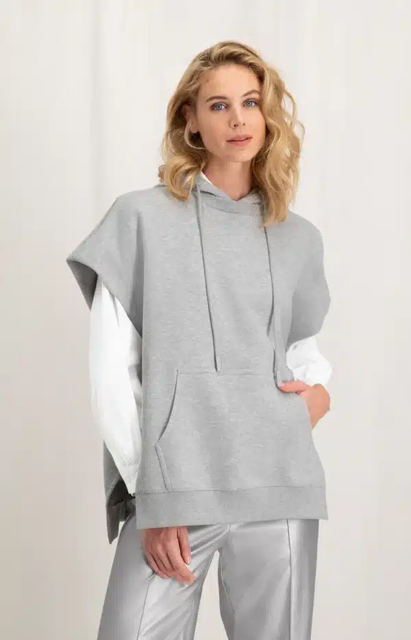 sleeveless hoodie with pockets and drawstring in wide fit grey melange